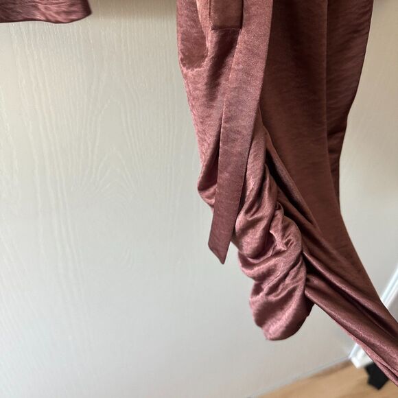 Louna Revolve Satin Mauve Brown Jersey Shirt Ruched Collared Mini Dress‎ Small - Picture 7 of 9